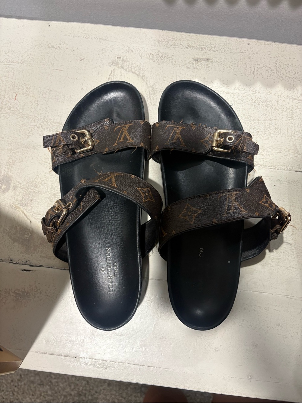 Louis Vuitton Monogram Brown and Black Buckle Slide Sandals
